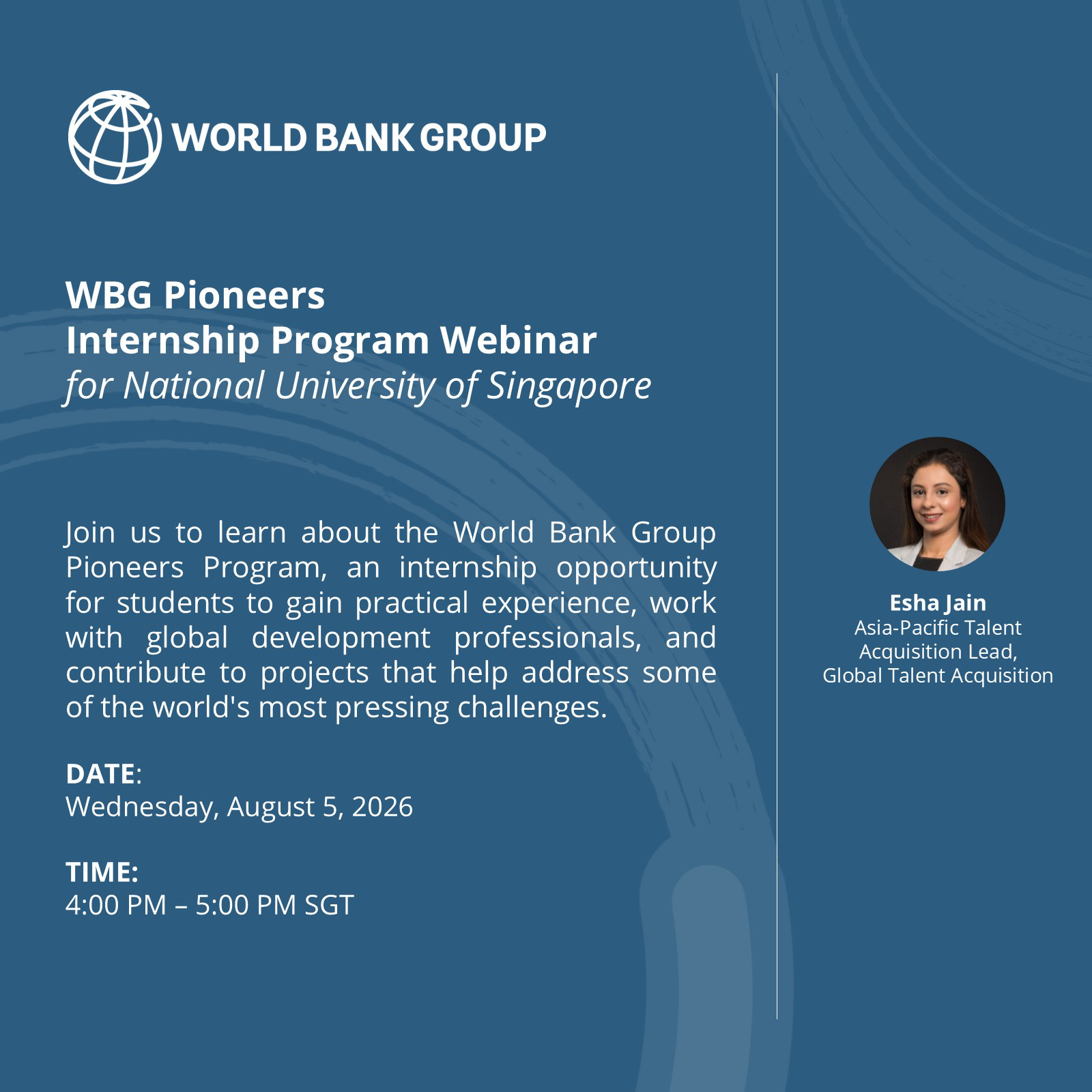 World Bank Group Pioneers Internship Program Webinar for NUS Students EDM image