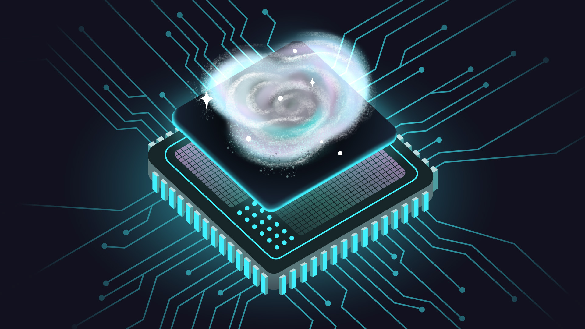 Stylized computer chip with neon circuit traces under a glowing, swirling galaxy cloud.
